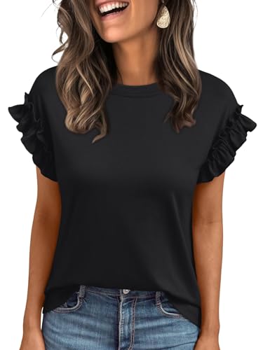 AUTOMET Womens Short Sleeve Tops Summer Tshirts Casual 2025 Cute Ruffle Crewneck Trendy Fashion Dressy Cute Work Outfits