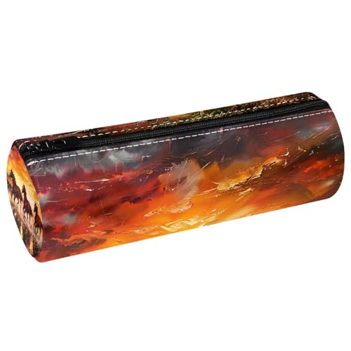 VAPOKF Trousse à crayons en cuir synthétique avec imprimé chevaux au lever du soleil sur la mer, trousse de maquillage pour femmes, filles, garçons, enfants, fournitures scolaires et de bureau