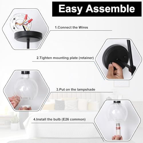 Image of Black double-layer glass wall light, hard wired variable light 3500K-6000K, E26 /E27 bulb, suitable for hallway, living room, bedroom, bathroom, and farmhouse wall-sconces, with bulbs (2 packs)
