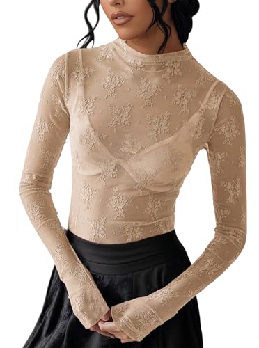 Lace Tops for Women See Through Lace Undershirt Mesh Long Sleeve Blouse Mock Neck Sheer Tops