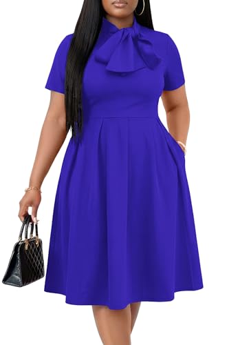 Image of FANDEE Midi Dress for Women Casual Short Sleeve A-line Semi Formal Fit and Flare Dress Classy Tie Neck Work Business Dresses