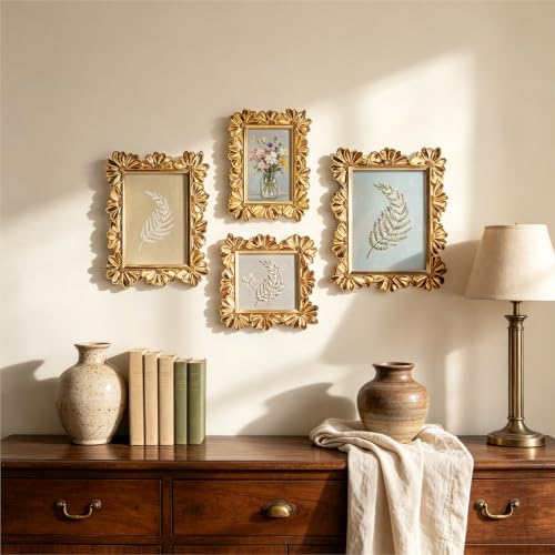 Image of Antique Floral Picture Frame - Resin & Glass Victorian-Style Frame for Tabletop or Wall Decor (Gold, 4 inch x 4 inch)