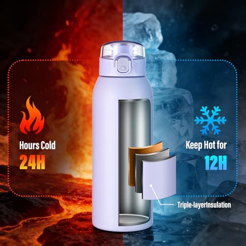 Image of Insulated Water Bottle 24 oz with Dustproof Lid, Carry Handle & Tea Infuser, BPA-Free & Leakproof, Stainless Steel Water Bottles Ideal for Fitness, Hiking, Office & Outdoor Use (Light Purple)
