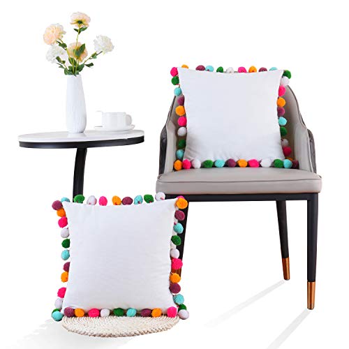 leegleri White Decorative Pom-Poms Throw Pillow Covers, Soft Velvet Colored Rainbow Pom Cushion Cover Pillow Case for Couch Sofa Bed (Set of 2,18 x 18 Pillow Cover)