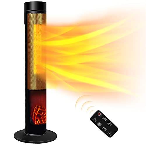 BOSSIN Space Heaters for Indoor Use-33'' Ceramic Tower Heater for Large Room with Thermostat,Fast Heating,3D Realistic Flame,Quiet Operation,Remote Control,Overheating&Tip-Over Protection,70°Oscillation,1-12H Timer for Bedroom (33''H)
