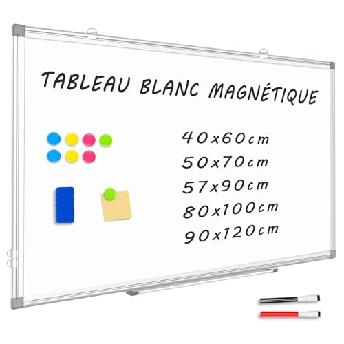 QUEENLINK Le Tableau Blanc Magnétique, 40x60cm Le Tableau Effacable Mural avec Cadre Aluminium, Plateaux et Crochets