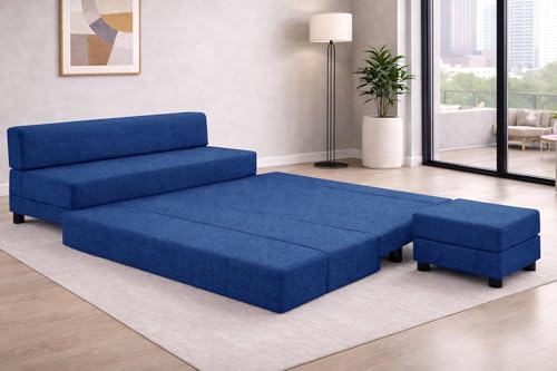 Image of Rosebell 3+2 Leg Sofa Cum Bed Set with Ottoman Foldable Modular Seating & Sleeper Space Saving Living Room Furniture Jute Fabric-Blue-Color