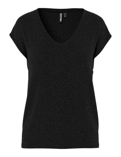 PIECES Pcbillo Tee Lurex Stripes Noos, Camiseta Mujer, Negro (Black Detail:Lurex Black), 42 (Talla del fabricante: Large)