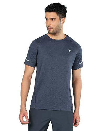 Image of TECHNOSPORT Men's Melange Slim Fit Round Neck T-Shirt Double Cool Raglan Sleeve Slip On Polyester for Gym Running Workout UPF50+ Anti Odour