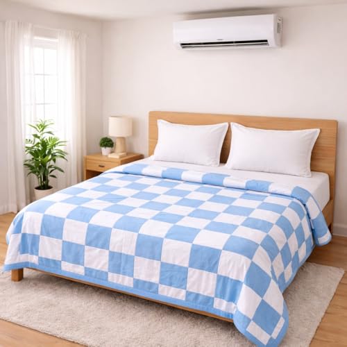 Image of Double Bed Dohar Blue & White Checkered | Lightweight Summer Quilt | Pure Cotton AC Blanket | Breathable All Season Comforter | Skin Friendly Bed Cover