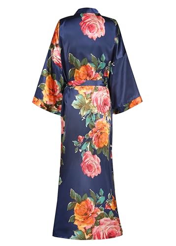 Image of Women Silk Kimono Robe Long Floral Bridesmaids Robes Satin | Wedding Party Bridal Getting Ready Robe Lightweight Dressing Gown Loungewear Sleepwear