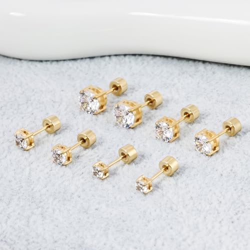 Push-in Cubic Zirconia Flat Back Stud Earrings for Women Men, 14K Gold Plated Hypoallergenic Surgical Stainless Steel Earrings Simulated Moissanite Diamond Studs Set Piercing Earrings 3-6mm 5