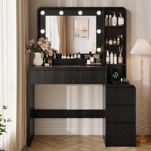 Image of 39.3 inch Makeup Vanity Desk with Charging Station, Black Makeup Dressing Table with Mirror & Lights, 3 Lighting Modes Adjustable Brightness, Vanity Table with Power Outlet & 5 Drawers Curved Design