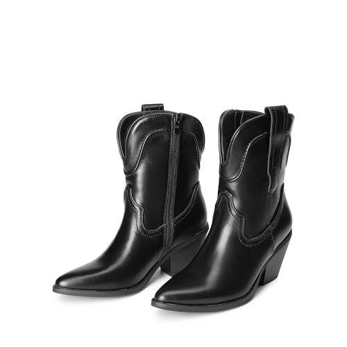 DREAM PAIRS DREAM PAIRS Women's Cowboy Ankle Boots Western Booties Low Heel Pointed Toe Cowgirl Boots,Size 6.5,Black,SDAB2302W