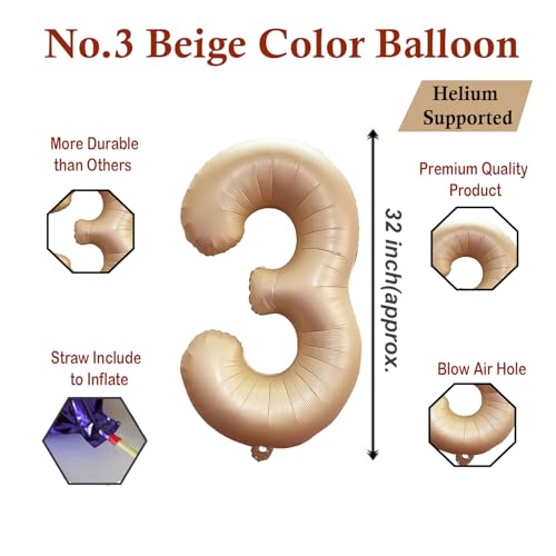 Image of Solid Beige 3 Number Foil Balloons 32 inch 3rd Birthday Party Decoration Helium Supported