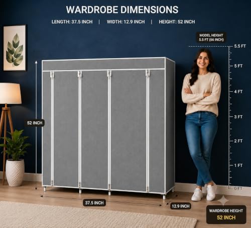 Image of Portable Fabric Wardrobe with 6 Shelves and 2 Hanging Rods, Grey