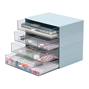 OSteed Organizer da scrivania con 7 cassetti, impilabile, in plastica, per collezione casa, cosmetici, forniture per ufficio (4 strati piatti, blu)