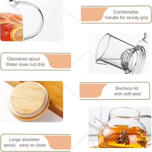 Orret Home Bambu Kapaklı Kendinden Süzgeçli Borosilikat Cam Demlik – 1000 ml Isıya Dayanıklı Termisil Cam Çay, Kahve ve Bitki Çayı Demliği, Cam Çaydanlık - Görsel 5