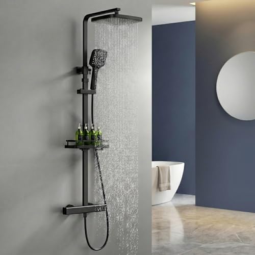 HOMELODY Duscharmatur mit Thermostat & Duschablage - Duscharmatur Komplettset Schwarz mit Handbrause & Regendusche Kopfbrause - Höhenverstellbar, 38°C Sicherheitssperre, für modernes Badezimmer