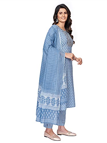Image of Vbuyz Women's Printed & sequience work A-line Cotton Pink Kurta Pant With Dupatta