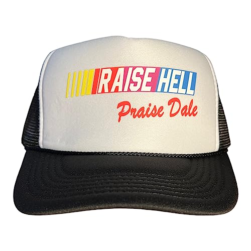 Raise Hell Praise Dale Snapback Trucker Hat for Men or Women Vintage Fit with Funny Novelty Graphic Custom Mesh Cap Black/White