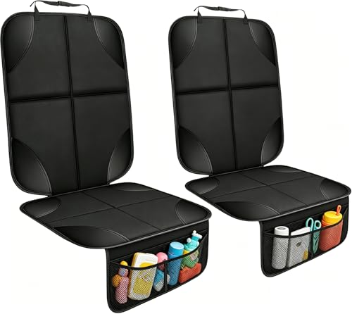 Car Seat Protector, Ponjson Auto Car Leather Seats Waterproof Thick Padding&Non-Slip Seat Cover Pad for Child Baby Safety Seat with Organizer Pockets-2 Pack Carseats for Most Cars