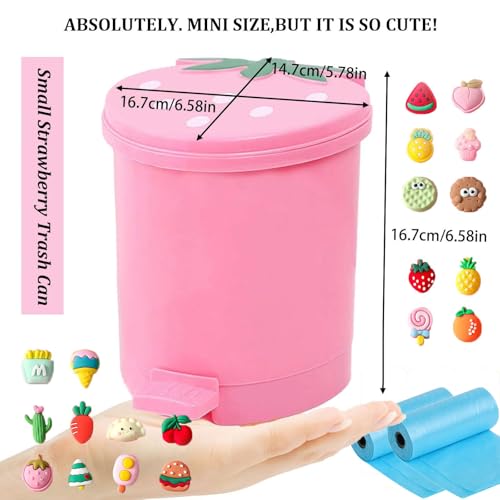BxuxJar Strawberry Trash Can with Lid Cute Plastic Strawberry Garbage Can for Bedroom Small Kawaii Trash Can with 5 Rolls of Garbage Bags