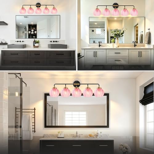 Image of 5 Lights Pink Bathroom Vanity Light Fixture Modern Vintage Sconces
