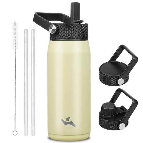 Image of Konokyo 20oz Insulated Stainless Steel Water Bottle with 3 Lids, Leakproof BPA-Free Bottle with Straw Lid, Sip Lid and Flex Cap for Gym, Travel, School, Office, Macaron Green