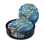 Juego de 6 posavasos de cuero con estampado de flores de cerezo japonés, con caja de piel sintética, resistentes al calor, para mesa de cristal, oficina en casa