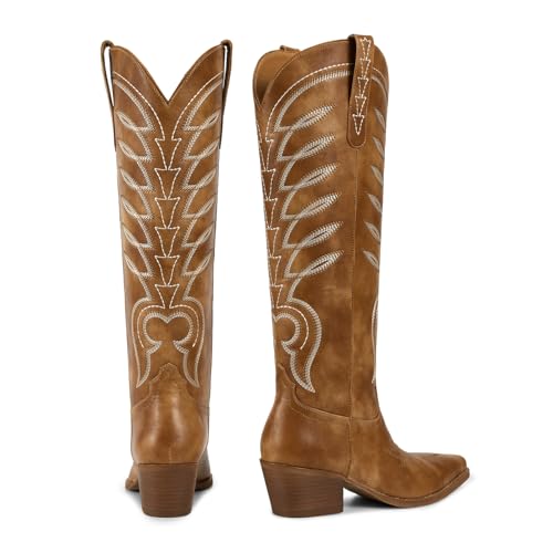 ISNOM Cowboy Boots for Women Knee High Cowgirl Boots Womens Western Boots Embroidered Tall Cowboy Boots Comfort Fashion Long Boots3