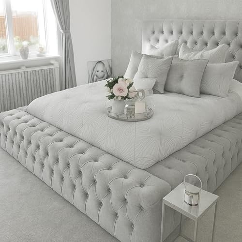 Attock Beds Chesterfield Plush Velvet Upholstered Regal Ambassador Bed Frame and Headboard - Hand Made in the UK - Double/Kingsize/Superking (Ice Silver Plush, Double 4ft6 Bed Frame)