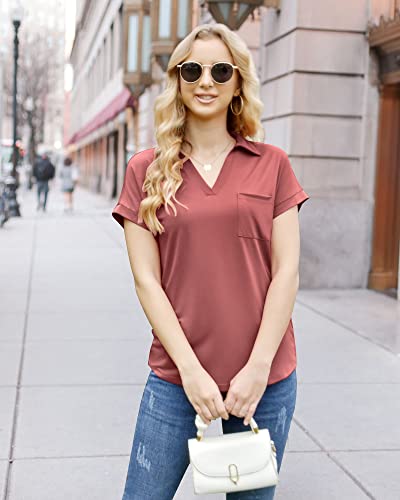 Vivilli Ladies Tops And Blouses Short Sleeve Collared Tops For Women Relaxed Fit Collar Shirt Work Shirts For Women Office Women's Business Casual Clothing Rust Red Large #TOP4