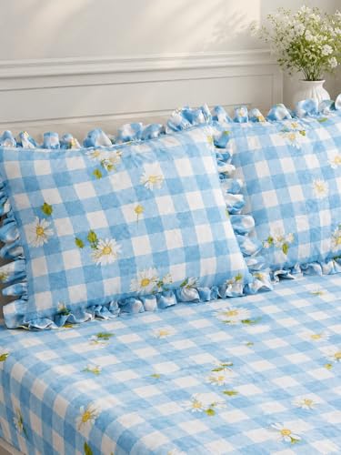 Image of King Size Fitted Bedsheet for Double Bed | 300 TC Cotton Feel Microfiber | All Around Elastic with 2 Frill Pillow Covers | Soft & Durable | (BlueCKFrill, Fitted - 72 x 78 Inch King)