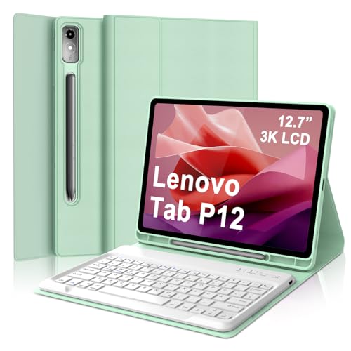 WAVATA Tastatur für Lenovo Tab P12 12.7 Zoll 2023 Hülle mit Tastatur für Lenovo Tab P12 Magnetische Bluetooth Abnehmbare QWERTZ Layout Grasgrün