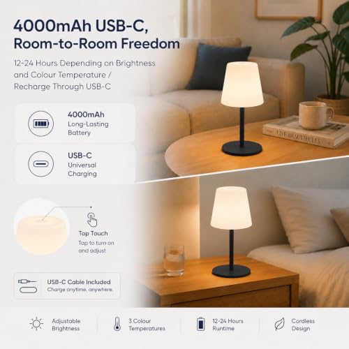 Image of IP65 Waterproof Shower Lamp, Cordless Rechargeable Table Lamp, Black | 4000mAh Battery Operated Lamp, Spa-Like Glow for Showers, Vanity, Bedside and Patios; 3 Color Temperatures, Touch Dimming
