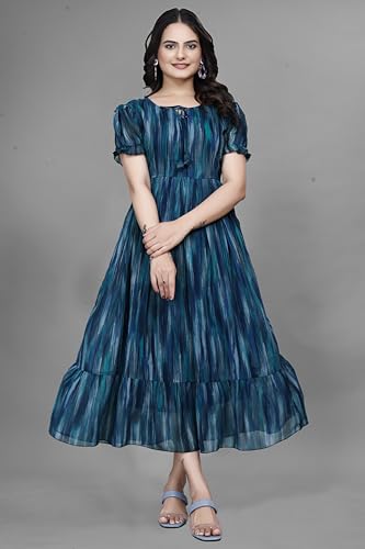 Image of Women Gown with Abstract Print | Georgette One Piece Dress with Puff Sleeves | Round Neck Tiered Midi Frock for Women | Ladies Western Maxi Dress