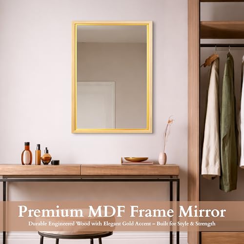 Image of Rousrie Premium Framed Glass Wall Mount Mirror, Decorative, for Bathroom, Bedroom, Living Room, Dressing Room, Wash Basin and Entryway (18 by 24 Inch) (Light Brown)