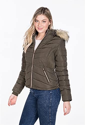 BodiLove Women's Everyday Warm Winter Quilted Puffer Short Coat High Collar Jacket with Removable Faux Fur Hood Zipper Vegan Leather Piping Water Resistant Wind Blocker Olive M - Image 5