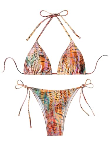 MakeMeChic Women's Zebra Cheetah Triangle Thong Bikini...