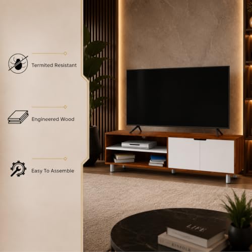 Image of GRATUS Duston Engineered Wood Wall Mount TV Stand | Modern Entertainment Unit with Set Top Box Shelf | Dual Tone Walnut & White | Easy DIY Setup