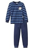 langer Schlafanzug für Jungen aus der beliebten SCHIESSER-Nachtwäscheserie Capt´n Sharky mit bequemen Bündchen an den Arm- und Beinabschlüssen blau geringeltes Oberteil mit Applikation: Cowboy-Hai und roter 