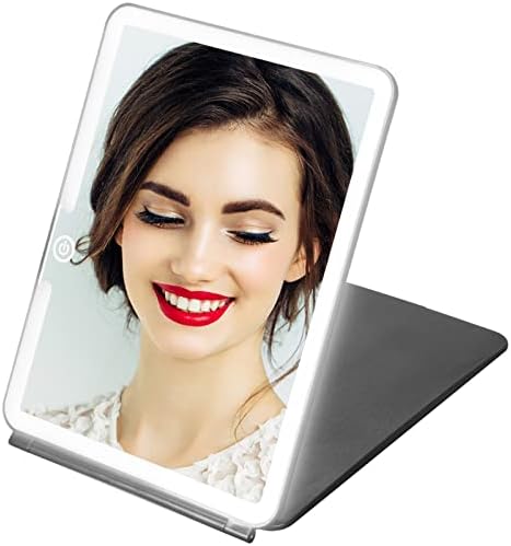 Austrobo Travel Mirror with Lights, 10in Folding Makeup Mirror with 72 LEDs 3 Colors Lights 3000mAh, Touch Sensor Dimmable,Ultra Thin, USB Rechargable, Portable Lighted Makeup Mirror for Travel, Black
