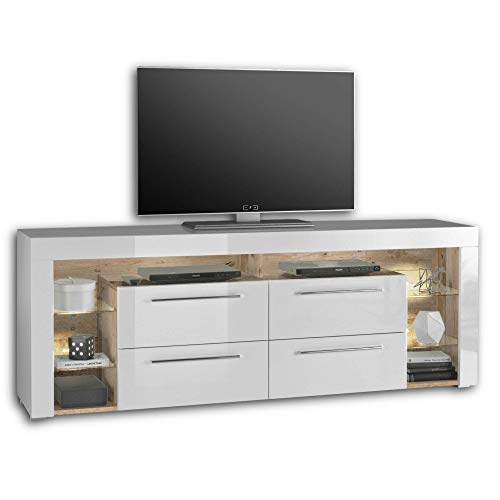 Stella Trading GOAL Mueble bajo de TV en acabado envejecido y blanco con iluminación led, mesa de TV ,con mucho espacio de almacenamiento para tu salón, 179 x 66 x 44 cm, Gris Y Blanco