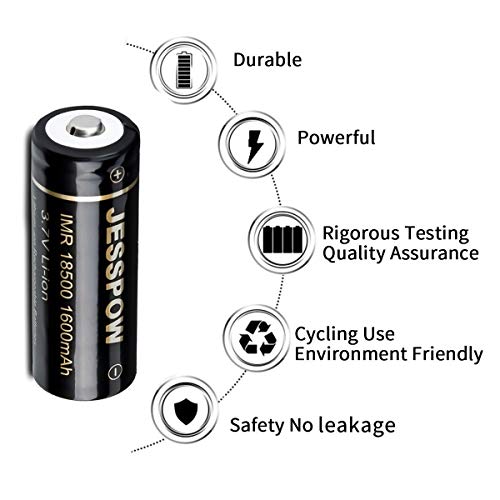 JESSPOW 18500 Rechargeable Batteries 4 Pack with Charger, IMR 18500 Rechargeable Li-ion Battery 1600mAh 3.7V [ for Flashlight, Solar Garden Light ] with Button Top