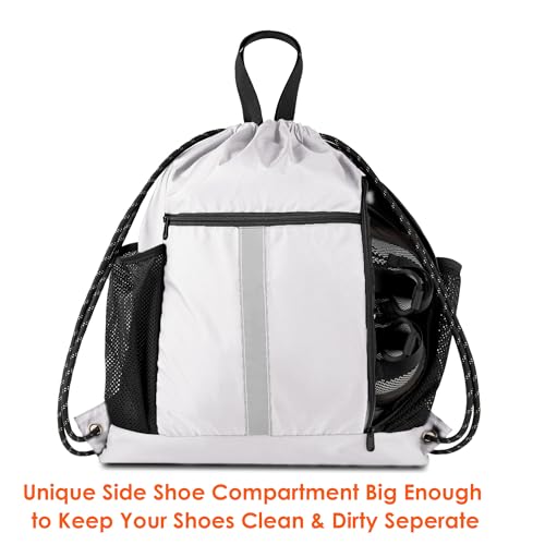 Image of BeeGreen White Drawstring Backpack Bag Sports Gym Backpack with Shoe Compartment and Two Water Bottle Holder for Men Women Large String Athletic Sackpack Workbag White