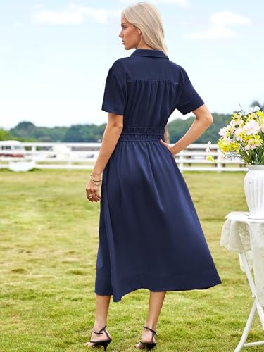 ECOWISH Womens Midi Dress Summer Spring Short Sleeve Button Front Casual A Line Maxi Shirt Dresses with V Neck Pockets 20254
