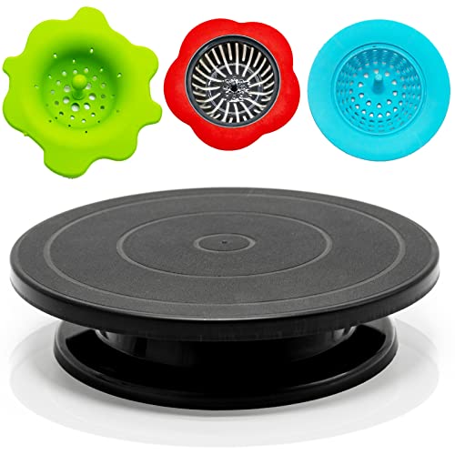 11” Rotate Turntable Sculpting Wheel Revolving Cake Turntable Black Painting Turn Table Lightweight Stand for Paint Spraying Spinner,with 3pcs Acrylic Pouring Strainers