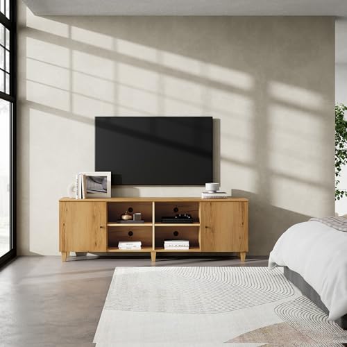 Wampattvstandfor75inchtv70inchmidcenturymodernwoodentertainmentcenterwithdoorwidemediaconsoletablewithadjustablestorageshelvesforlivingroombedroomoakbrown Urban Country Home Decor Wampat tv stand for 75 inch tv 70 inch mid century modern wood entertainment center with door wide media console table with adjustable storage shelves for living room bedroom oak brown urban country home decor