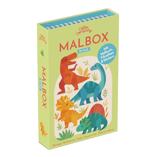 Color Company Malbox Dino Premium-Malset für Kinder ab 3 Jahren 40 Ausmalseiten Dino-Welt mit T-Rex + 10 Filzstifte + 5 Stickerbögen Beschäftigung unterwegs für Reise und Restaurant Geschenkidee